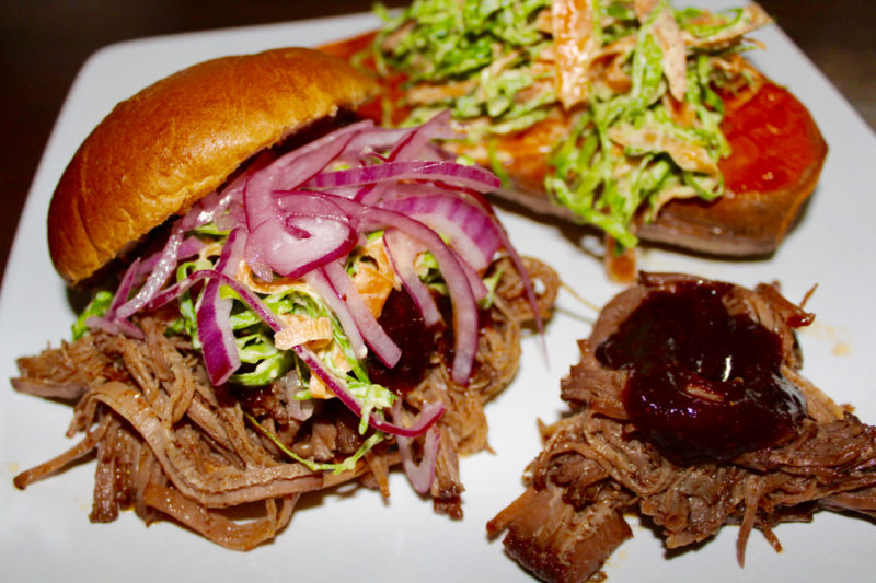 Pulled Beef Ribs with BBQ Sauce, Homemade Slaw and Pickled Red Onion