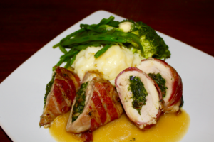 Easter Recipe ideas, Stuffed Chicken Thighs with Spinach, Mushroom and Cream Cheese filling, wrapped in crispy smoked bacon
